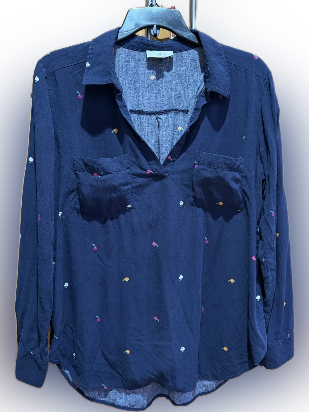 LOFT Navy Button-Down Blouse with Multicolor Mini Flowers M